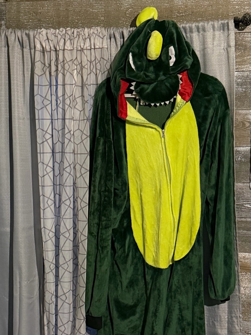 Green and Yellow Plush Dinosaur Adult Costume Hooded Onesie